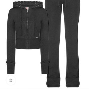 Hidden Cult Soft Knit Set Full Zip Hoodie & Foldover Pants Wide leg Carbon Small